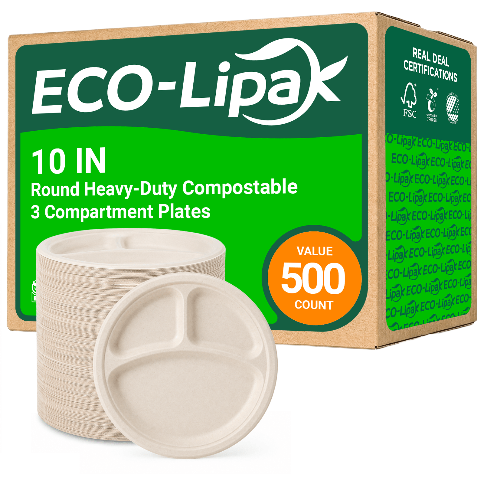  10 in Round Heavy-Duty Compostable 3 Compartment Plates｜BPI Certified, PFAS-Free, BPA-Free - ECO-Lipak