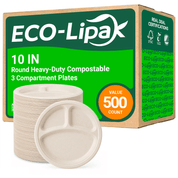 9 in / 10 in Round Heavy-Duty Compostable 3 Compartment Plates｜BPI Certified, PFAS-Free, BPA-Free - ECO-Lipak