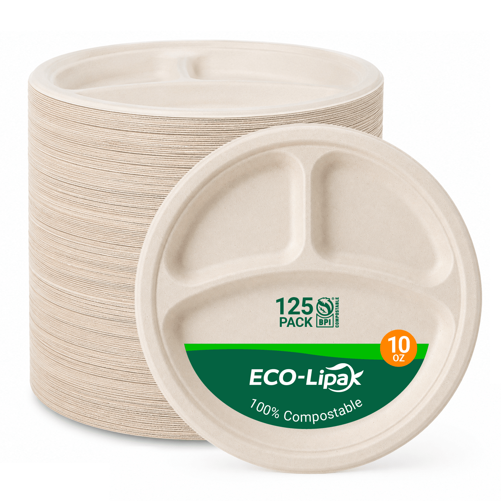  10 in Round Heavy-Duty Compostable 3 Compartment Plates｜BPI Certified, PFAS-Free, BPA-Free - ECO-Lipak