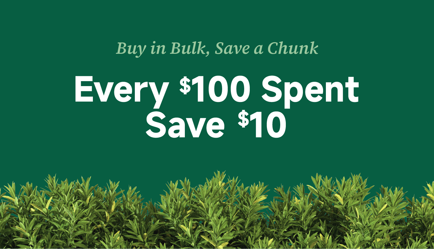 Promotional graphic with a green background, stating "Buy in Bulk, Save a Chunk" and "Every $100 Spent, Save $10" above foliage images.
