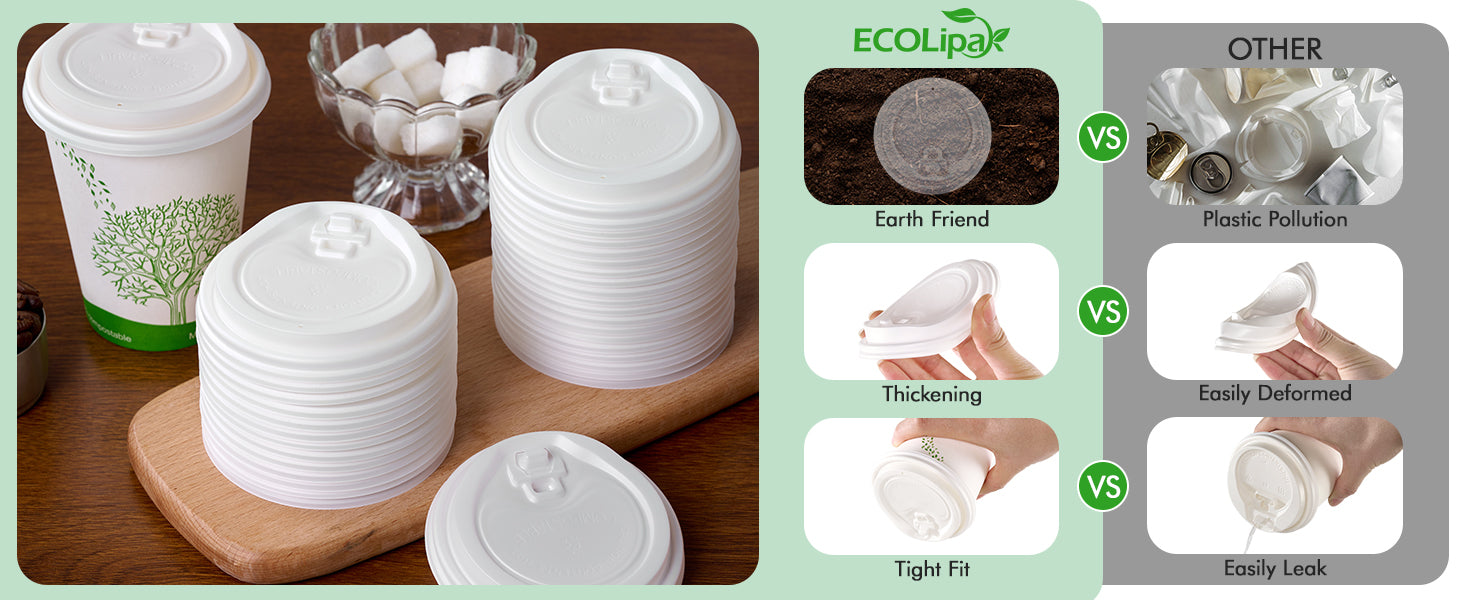 Compostable coffee cup lids comparison: Earth-friendly, thickening, tight fit vs. plastic pollution, easily deformed, leaky lids.