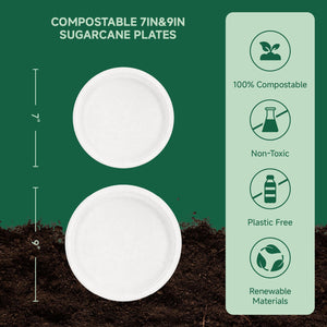 Two white compostable sugarcane plates (7-inch and 9-inch) displayed on a dark soil background with eco-friendly features highlighted.