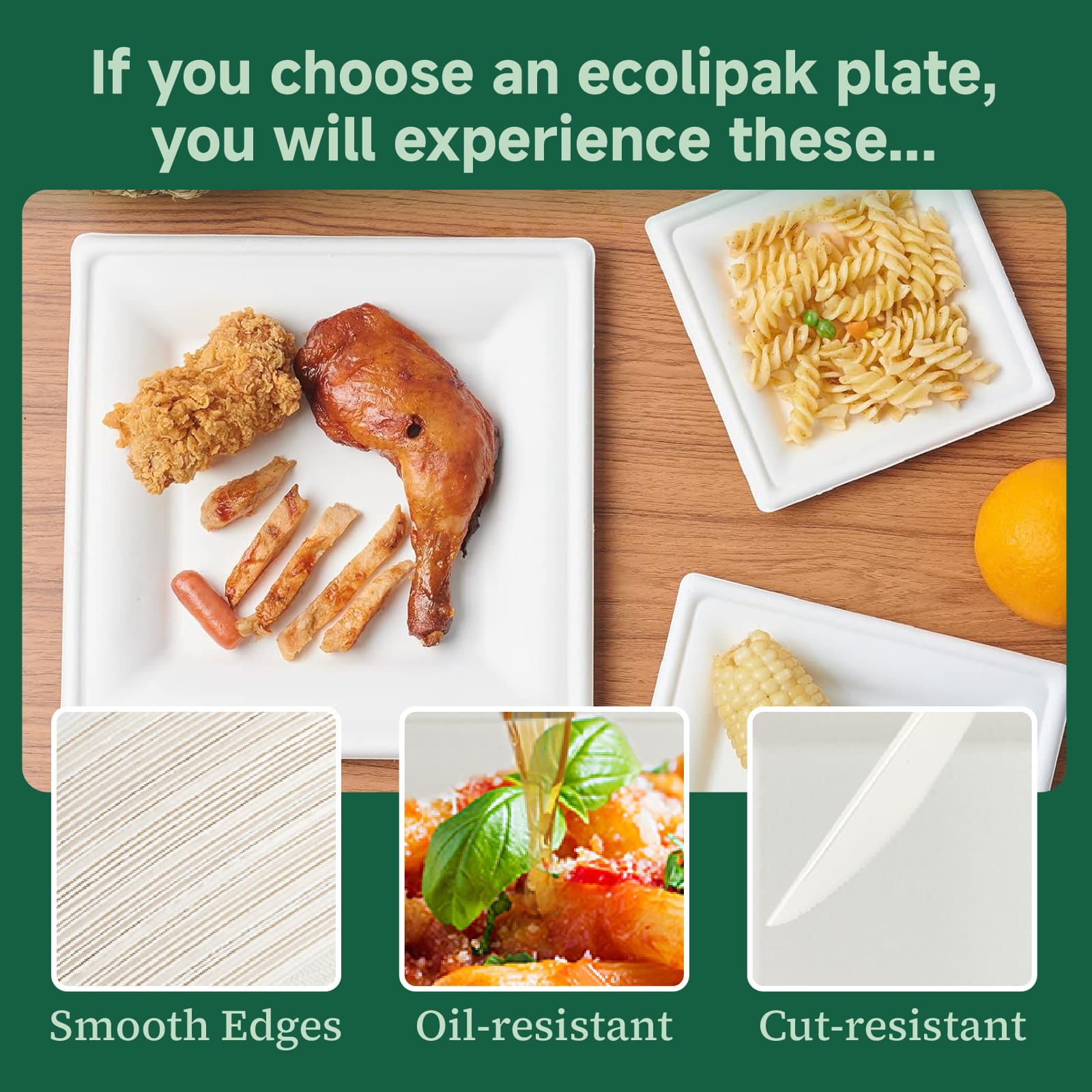 Image of an ecolipak plate featuring food, with highlights on smooth edges, oil-resistance, and cut-resistance benefits.