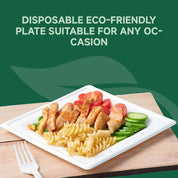 A white eco-friendly disposable plate filled with grilled chicken, cucumbers, tomatoes, and fusilli pasta on a wood surface.