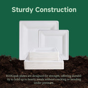 A stack of sturdy white ECOLipak plates in various sizes, set against a green background, highlighting their durability for hearty meals.
