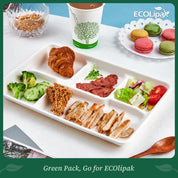 A balanced meal tray features a croissant, fried chicken, sliced meats, vegetables, and macarons, with a coffee cup in the background.