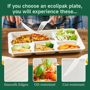 A person using a fork and knife to eat from a divided eco-friendly plate filled with pizza, vegetables, and chips, highlighting its benefits.