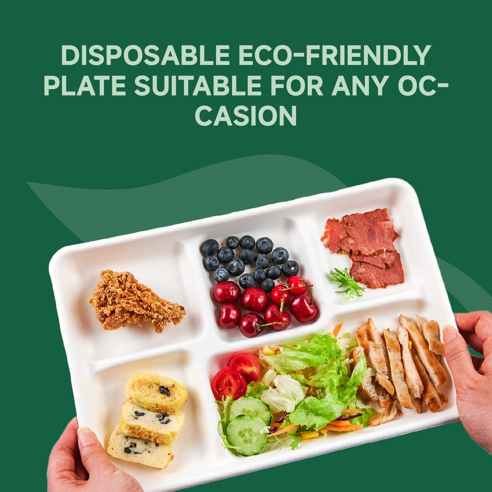 Eco-friendly disposable plate filled with fried chicken, fruits, salad, and snacks, perfect for any occasion.