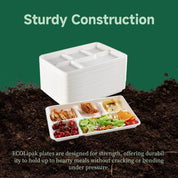 A stack of durable ECOLipak plates beside a meal featuring chicken, salad, and fruits, showcasing their sturdy, pressure-resistant design.