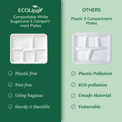 Comparison of ECOLipa's compostable sugarcane plates and conventional plastic plates, highlighting eco-friendliness vs. pollution issues.