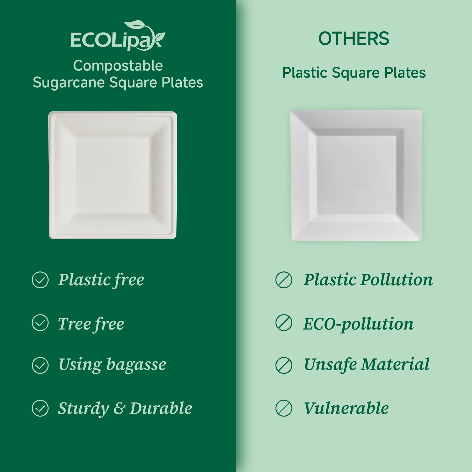Comparison of eco-friendly sugarcane plates (left) versus plastic plates (right), highlighting sustainability and pollution issues.