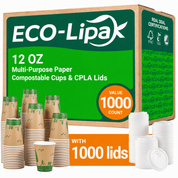 12 oz Natural Compostable Paper Coffee Cups & CPLA Lids｜Leak-Resistant, BPA-Free