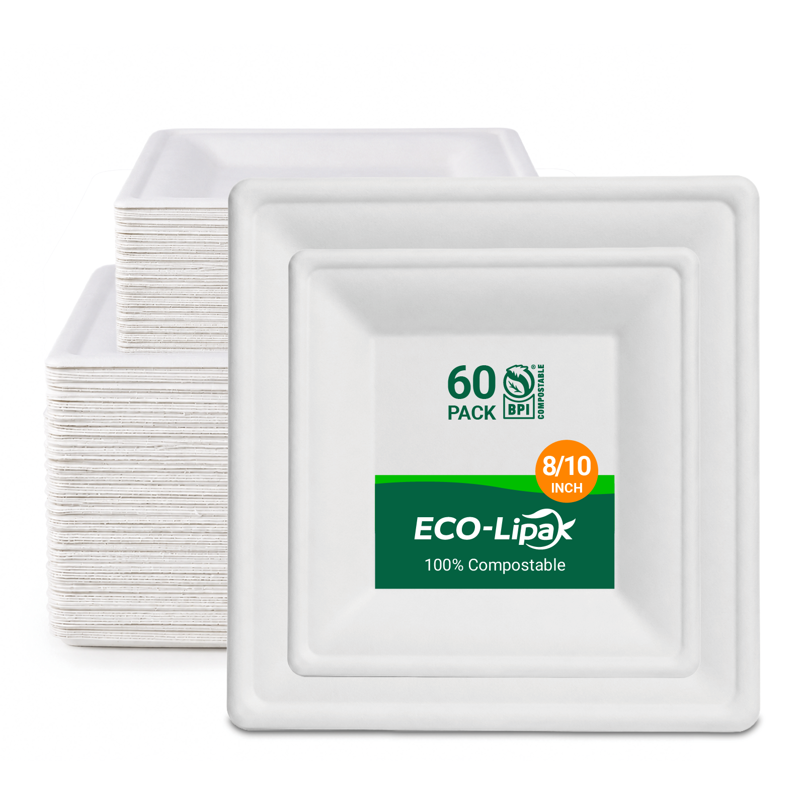 8 & 10 in Square Heat-Resistant Sugarcane Compostable Plates｜BPI Certified, PFAS-Free, BPA-Free