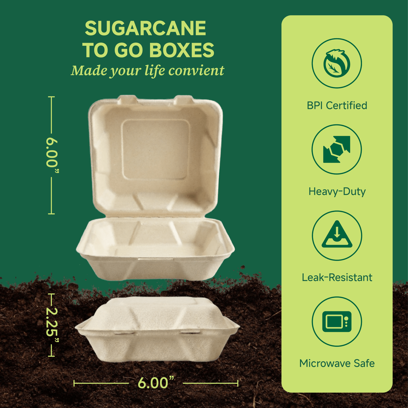 Clamshell Durable Leak - Proof Sugarcane To Go Boxes｜BPI Certified, BPA - Free - ECO - Lipak