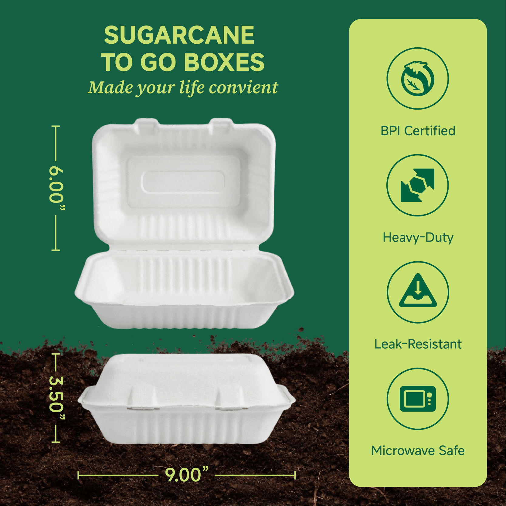 Clamshell Durable Leak - Proof Sugarcane To Go Boxes｜BPI Certified, BPA - Free - ECO - Lipak
