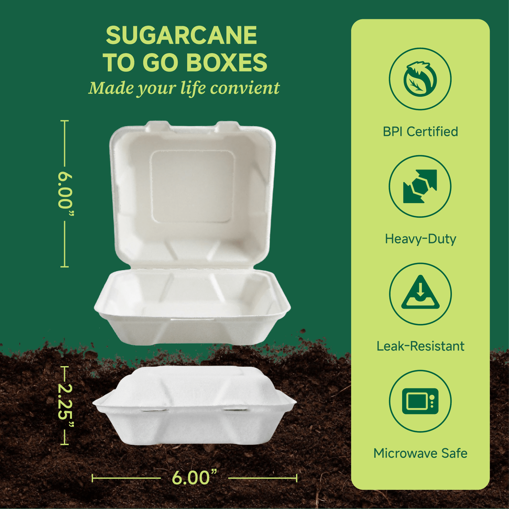 Clamshell Durable Leak - Proof Sugarcane To Go Boxes｜BPI Certified, BPA - Free - ECO - Lipak