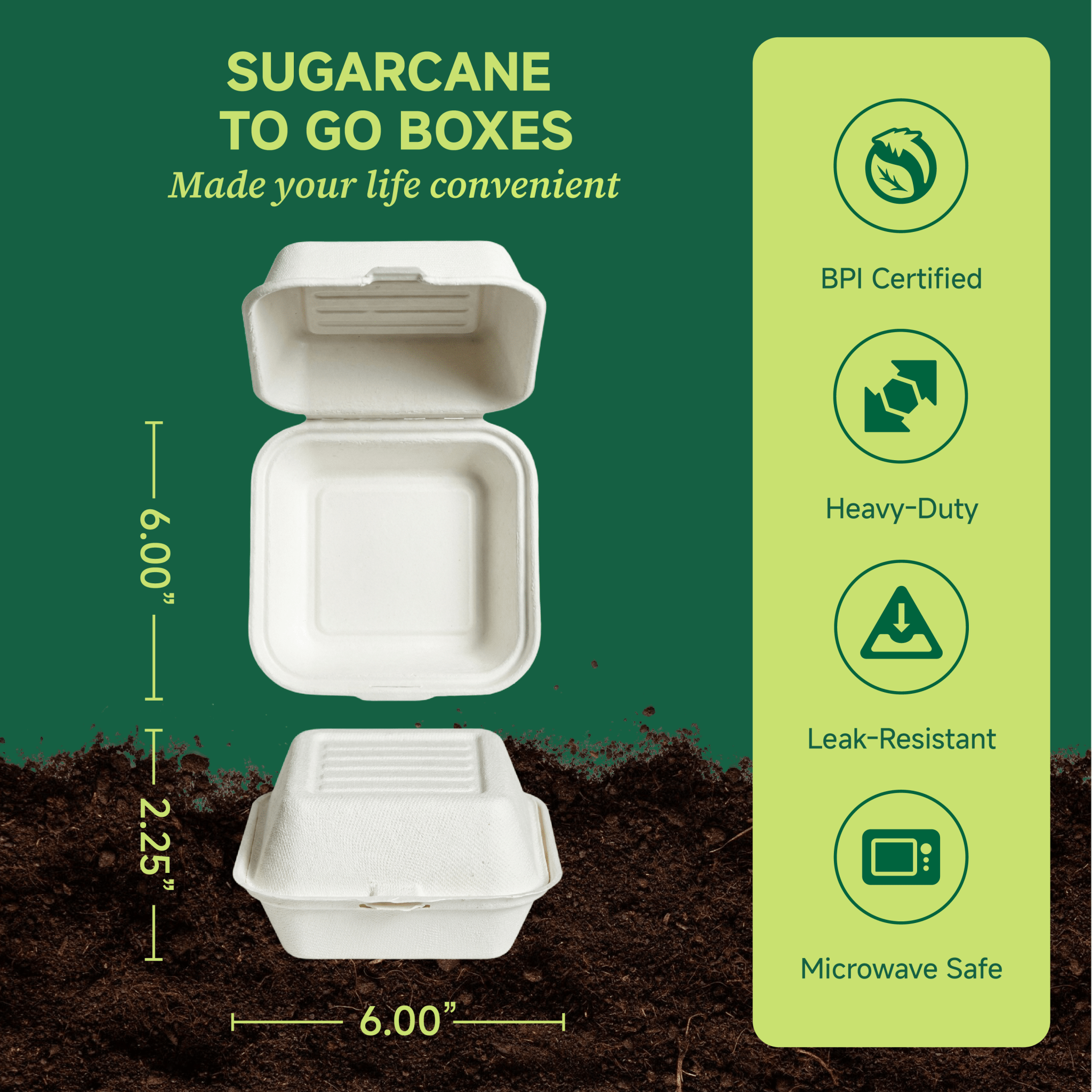 Clamshell Durable Leak - Proof Sugarcane To Go Boxes｜BPI Certified, BPA - Free - ECO - Lipak