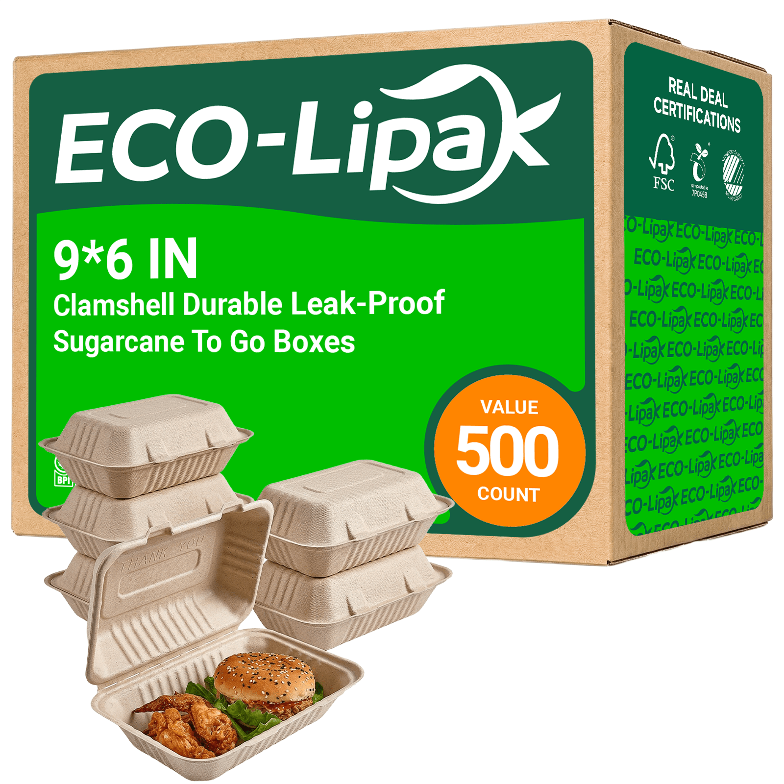 Clamshell Durable Leak - Proof Sugarcane To Go Boxes｜BPI Certified, BPA - Free - ECOlipak