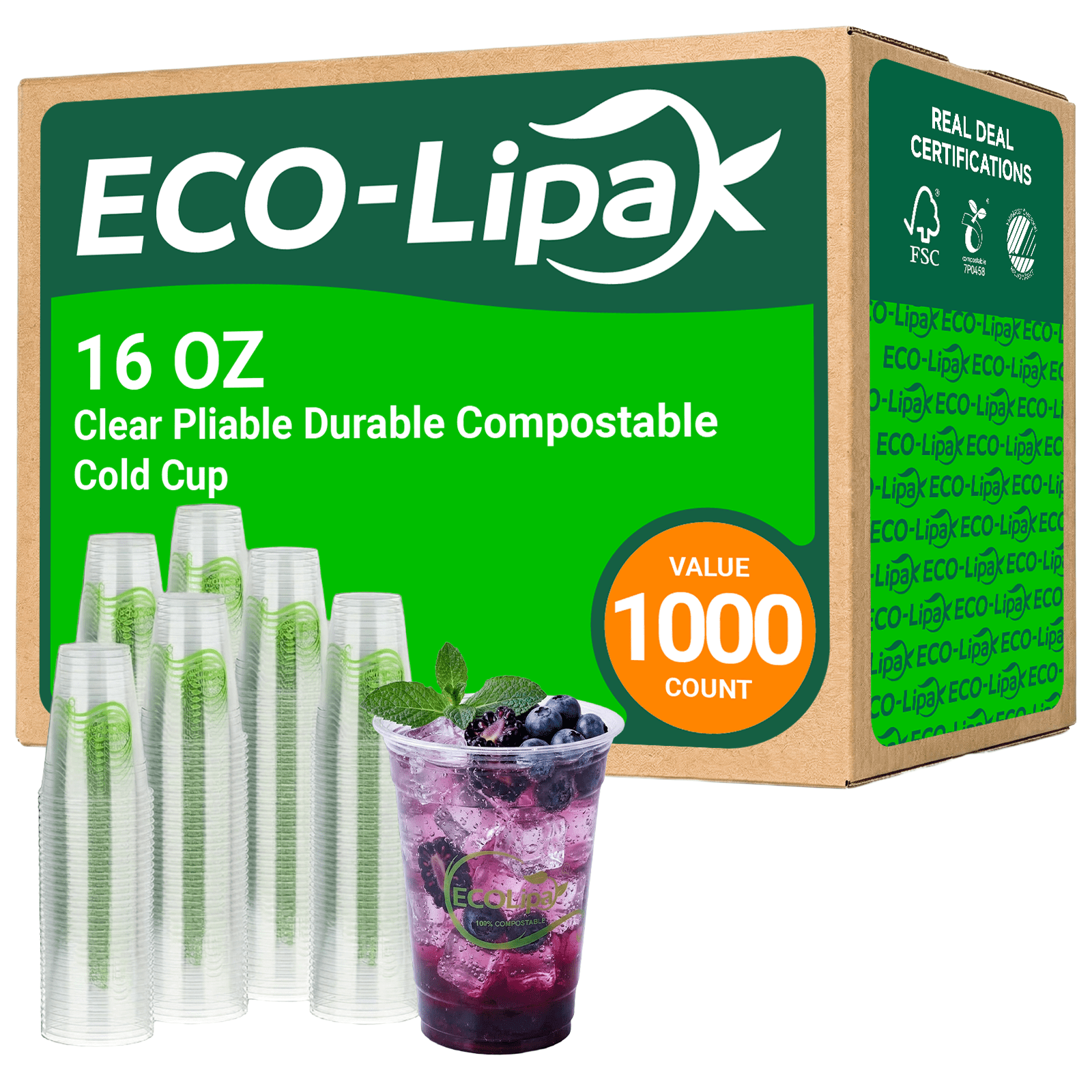 Clear Pliable Durable Compostable Cold Cup｜BPI Certified, PFAS - Free - ECOlipak