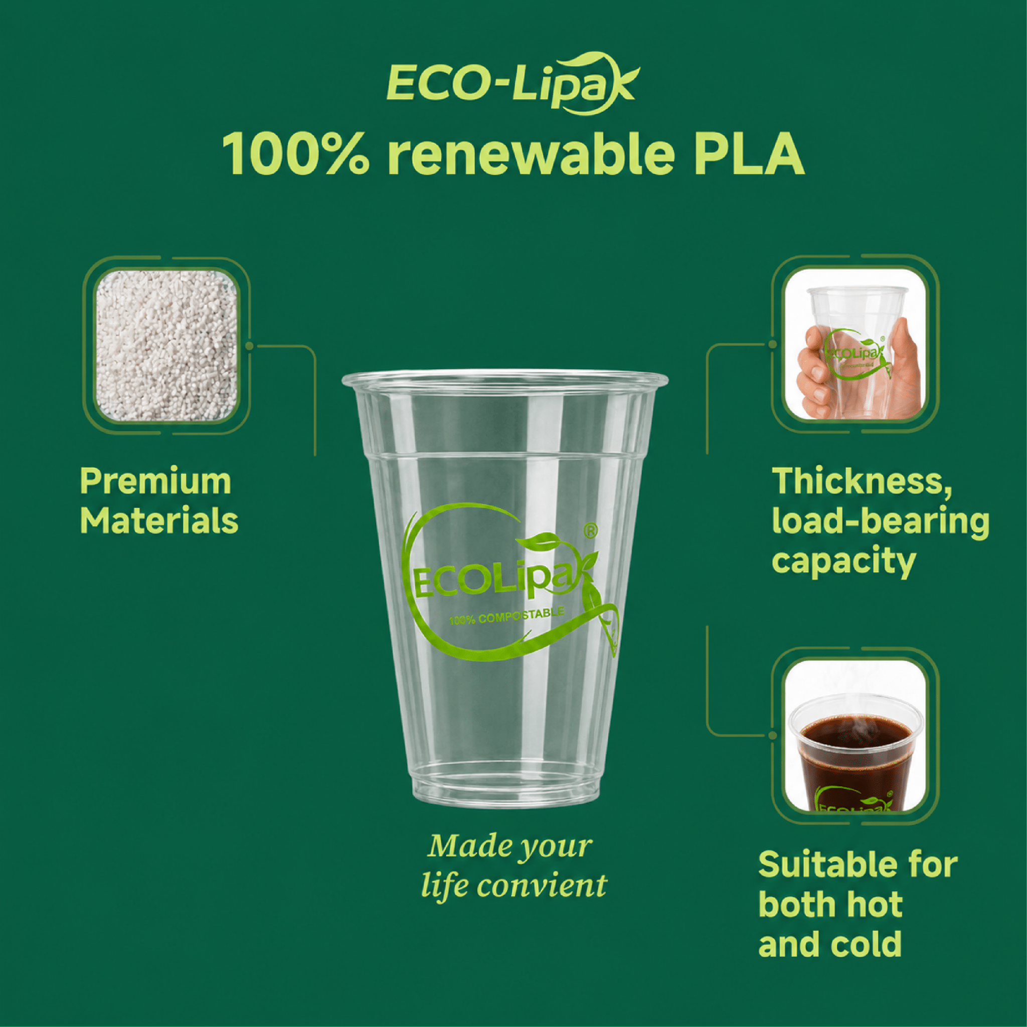 Clear Pliable Durable Compostable Cold Cup｜BPI Certified, PFAS - Free - ECO - Lipak