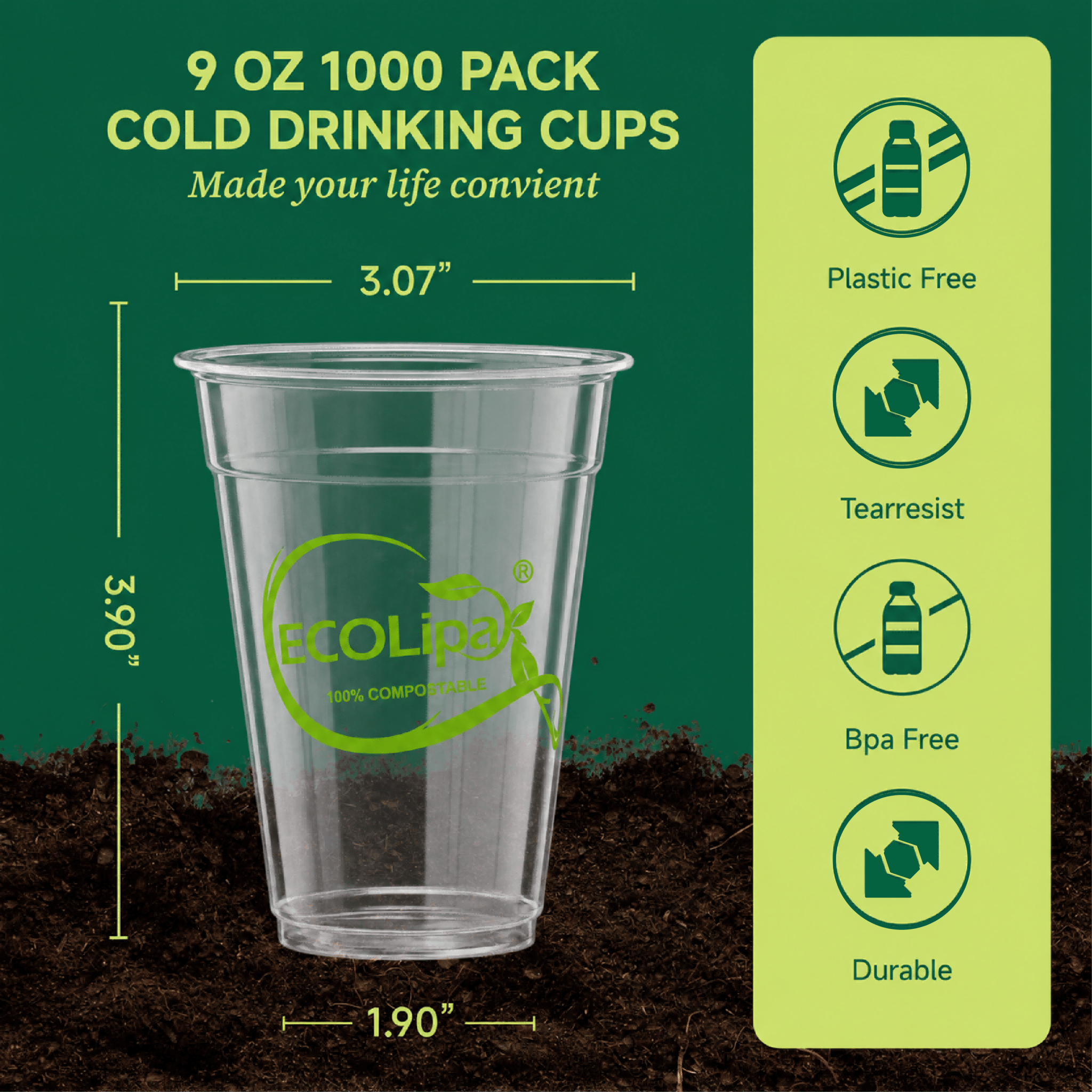 Clear Pliable Durable Compostable Cold Cup｜BPI Certified, PFAS - Free - ECO - Lipak