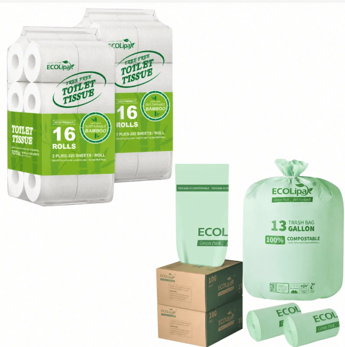 Compostable Bathroom & Waste Essentials Set | 2-ply Bamboo Toilet Paper & 13 Gallon Trash Bags - ECO-Lipak