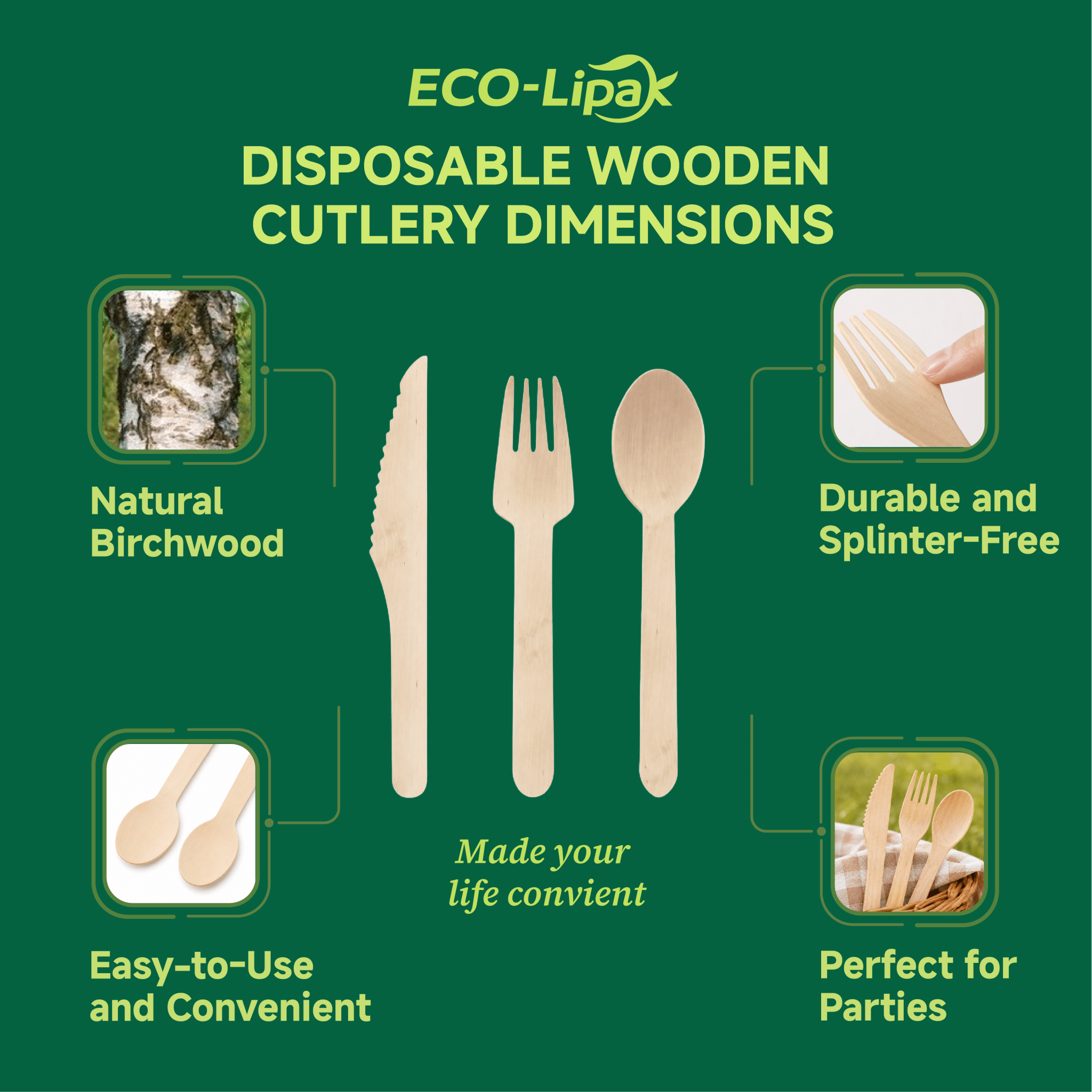 Compostable Splinter - Free Wooden Fork, Knife & Spoon Cutlery Set｜BPA - Free, Non - toxic - ECO - Lipak
