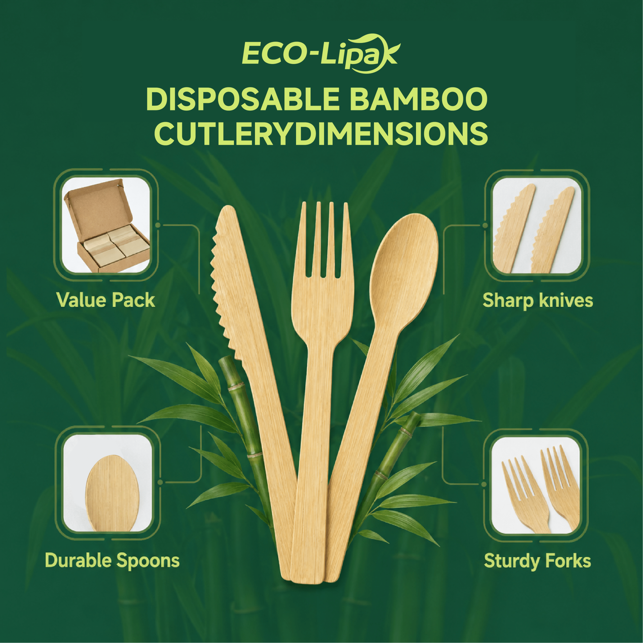 Compostable Sturdy Splinter - Free Fork, Knife & Spoon Bamboo Cutlery｜BPA - Free, Non - toxic - ECO - Lipak