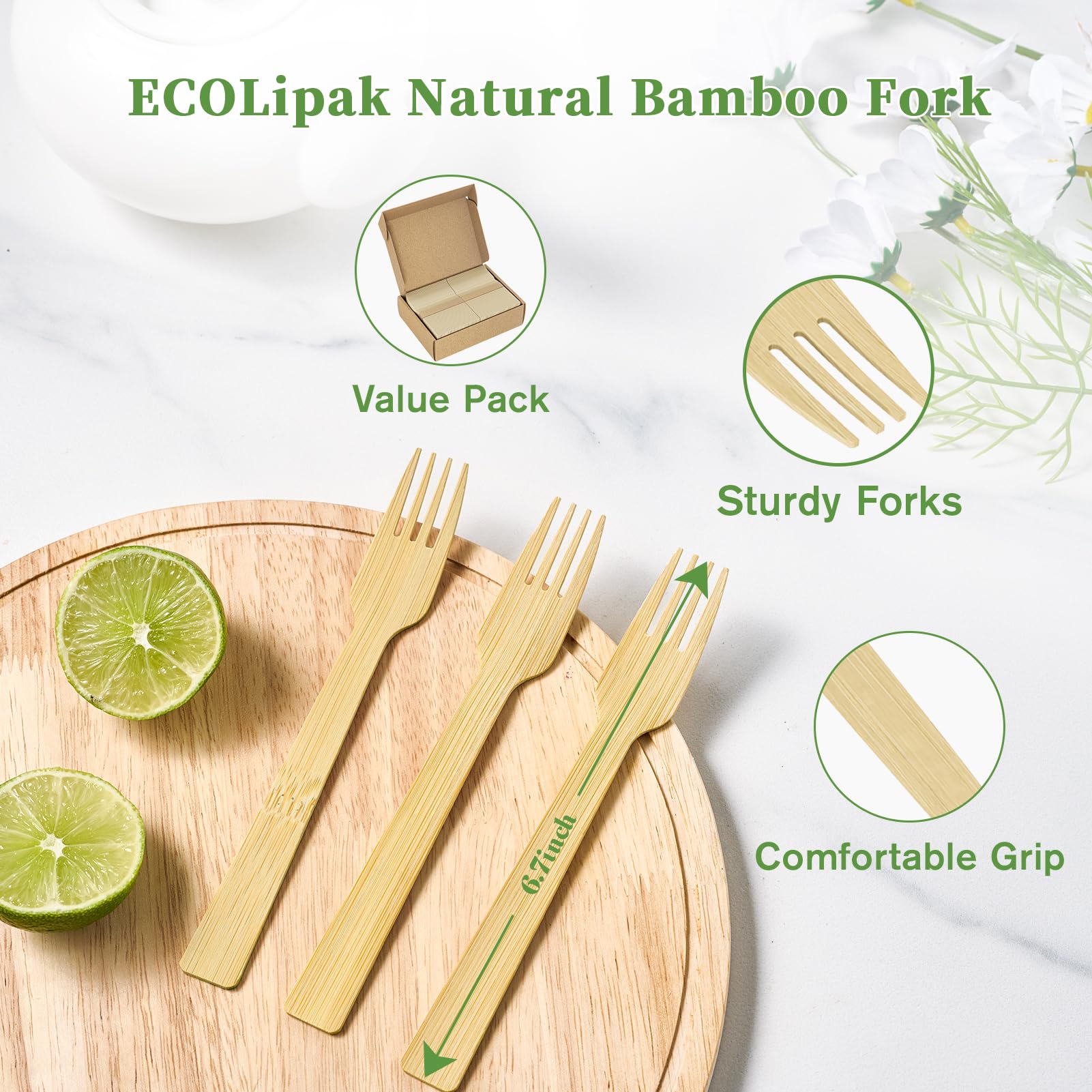Compostable Sturdy Splinter - Free Fork, Knife & Spoon Bamboo Cutlery｜BPA - Free, Non - toxic - ECOlipak