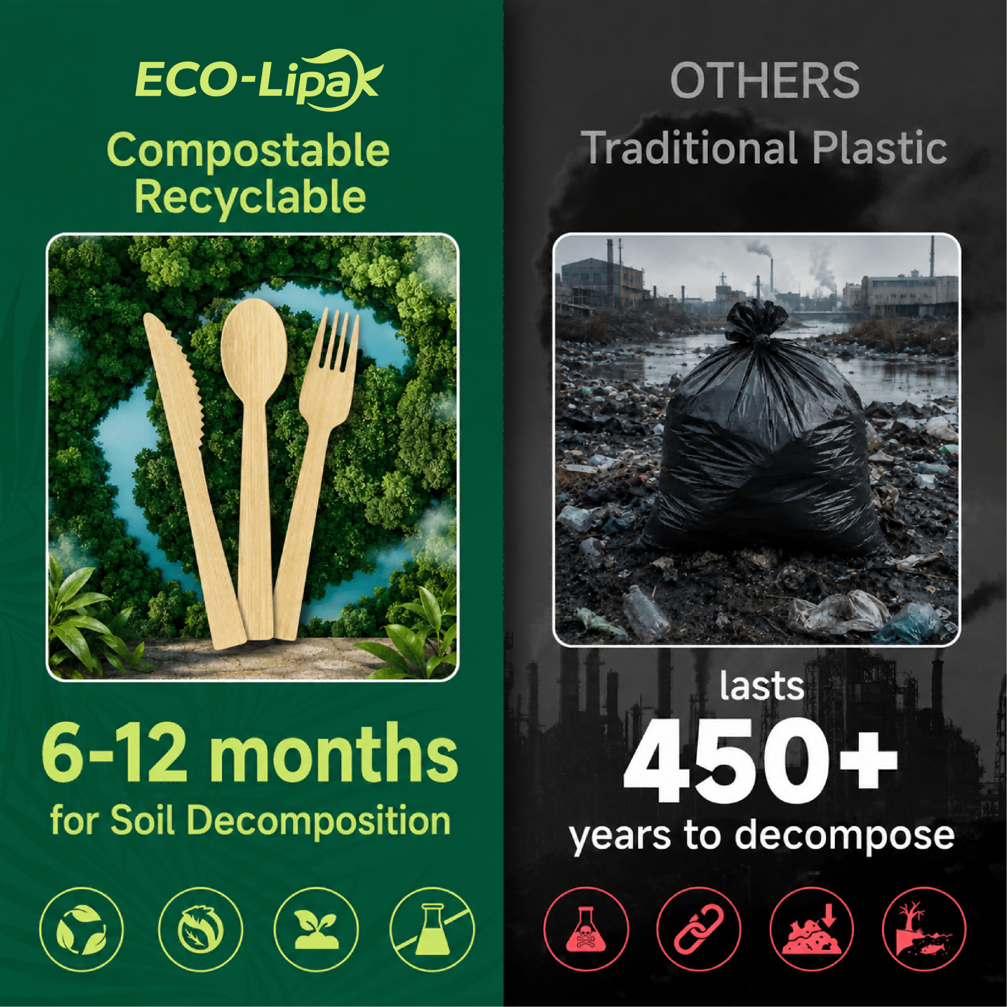 Compostable Sturdy Splinter - Free Fork, Knife & Spoon Bamboo Cutlery｜BPA - Free, Non - toxic - ECO - Lipak