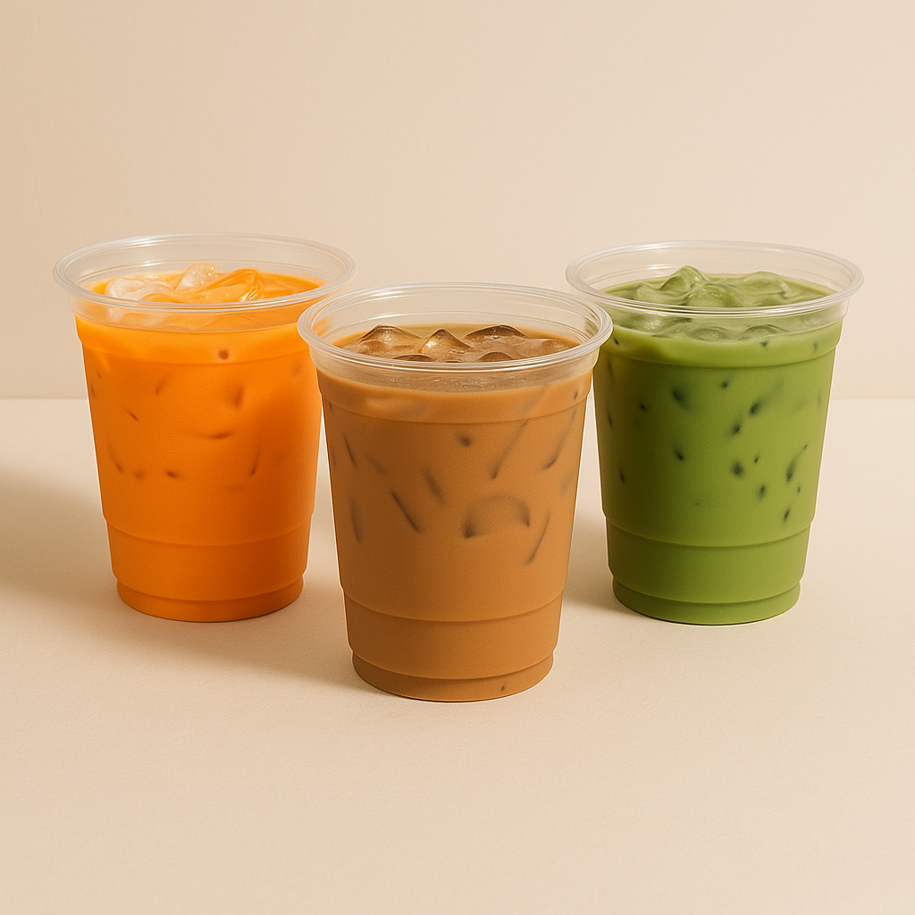 Three iced drinks in ECOLipak clear cups: an orange beverage, a coffee, and a green matcha tea, all on a light background.