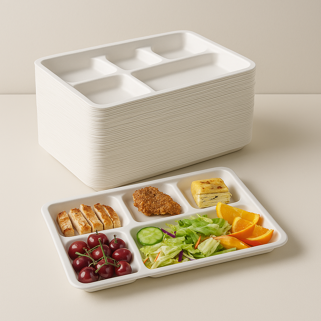 A ECOLipak divided meal tray featuring grilled chicken strips, a chicken nugget, egg dish, salad, grapes, oranges, and cucumber slices, with a stack of identical food divided trays placed behind it.