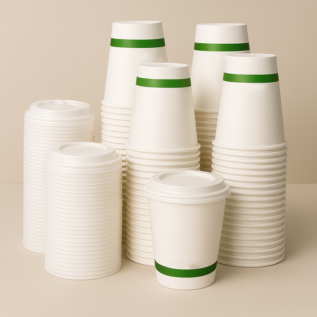 A collection of ECOLipak white coffee cups stacked together, some with green bands, against a neutral background.