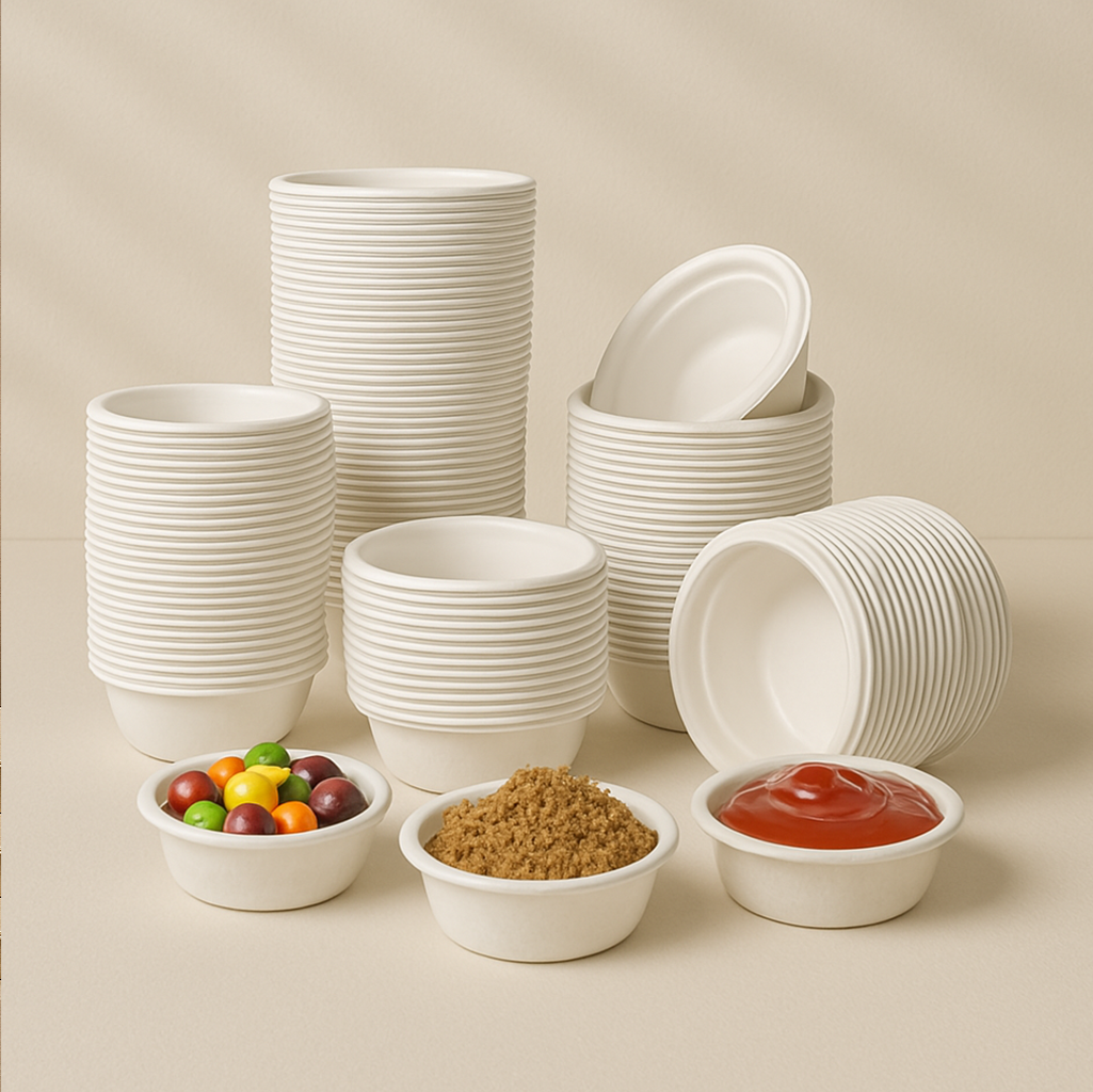 Stacked ECOLipak white bowls alongside small bowls of ketchup, brown sugar, and colorful fruits on a neutral background.