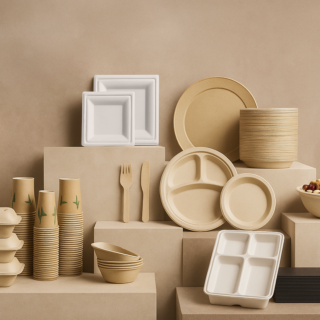 A variety of ECOLipak eco-friendly plates, cups, and cutlery displayed on neutral podiums, showcasing sustainable dining options.