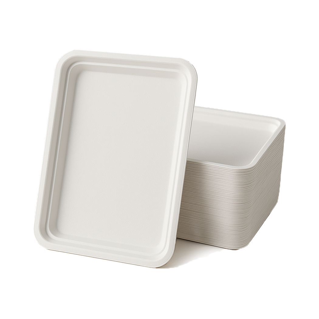 Stack of white, rectangular food containers with a separate lid, featuring a smooth surface and minimalistic design.