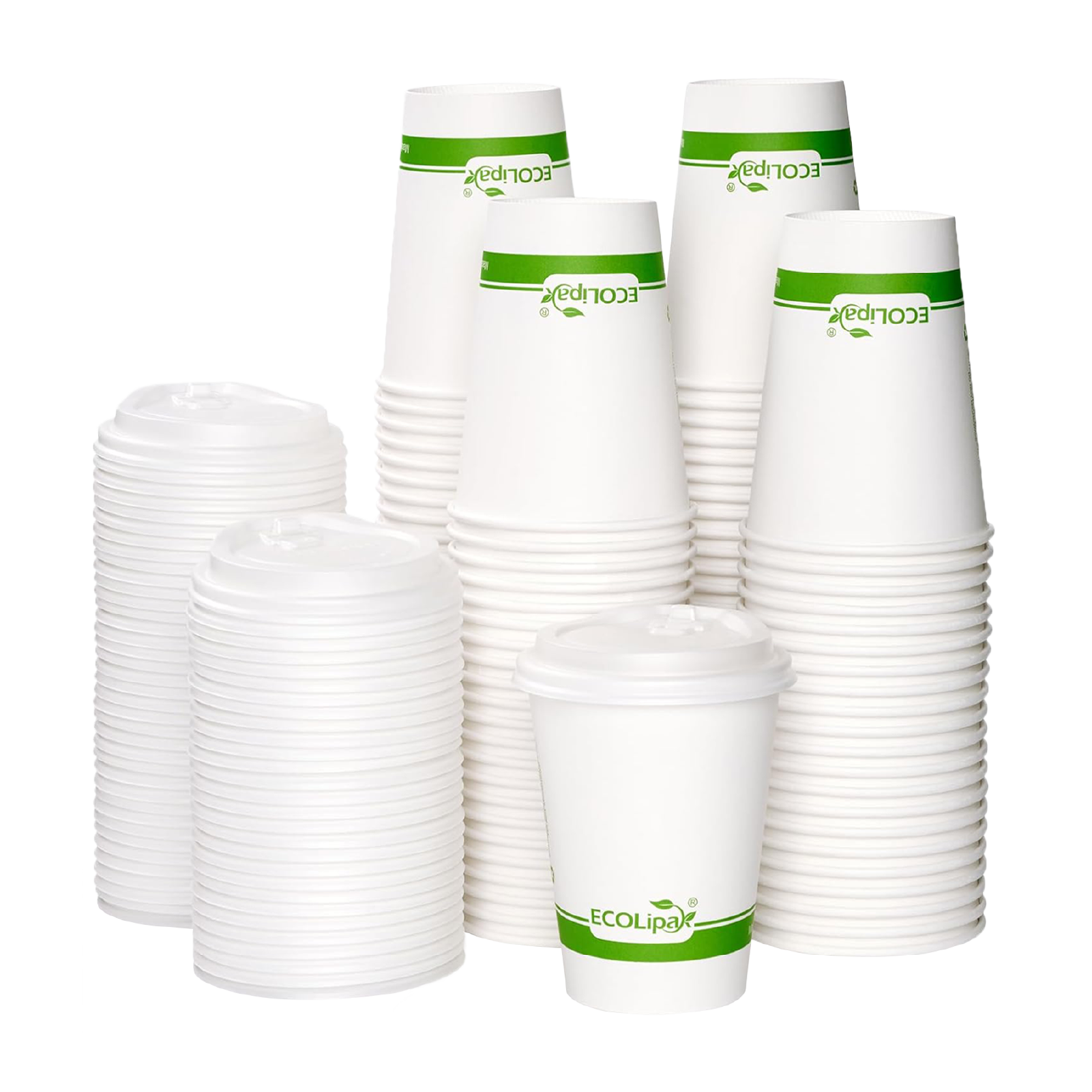 A stack of white ECOLipak cups with green branding, accompanied by multiple lids.