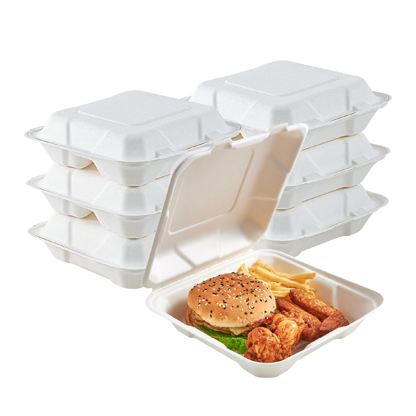A stack of ECOLipak white takeout containers, one open to reveal a burger, chicken wings, and fries inside.