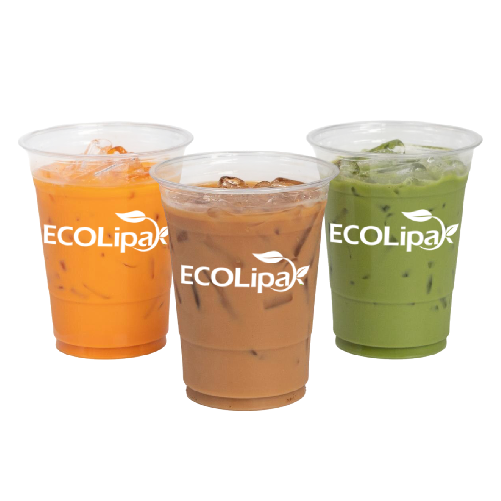 Three iced drinks in clear cups, featuring orange, brown, and green beverages, all labeled with the ECOLipak logo.