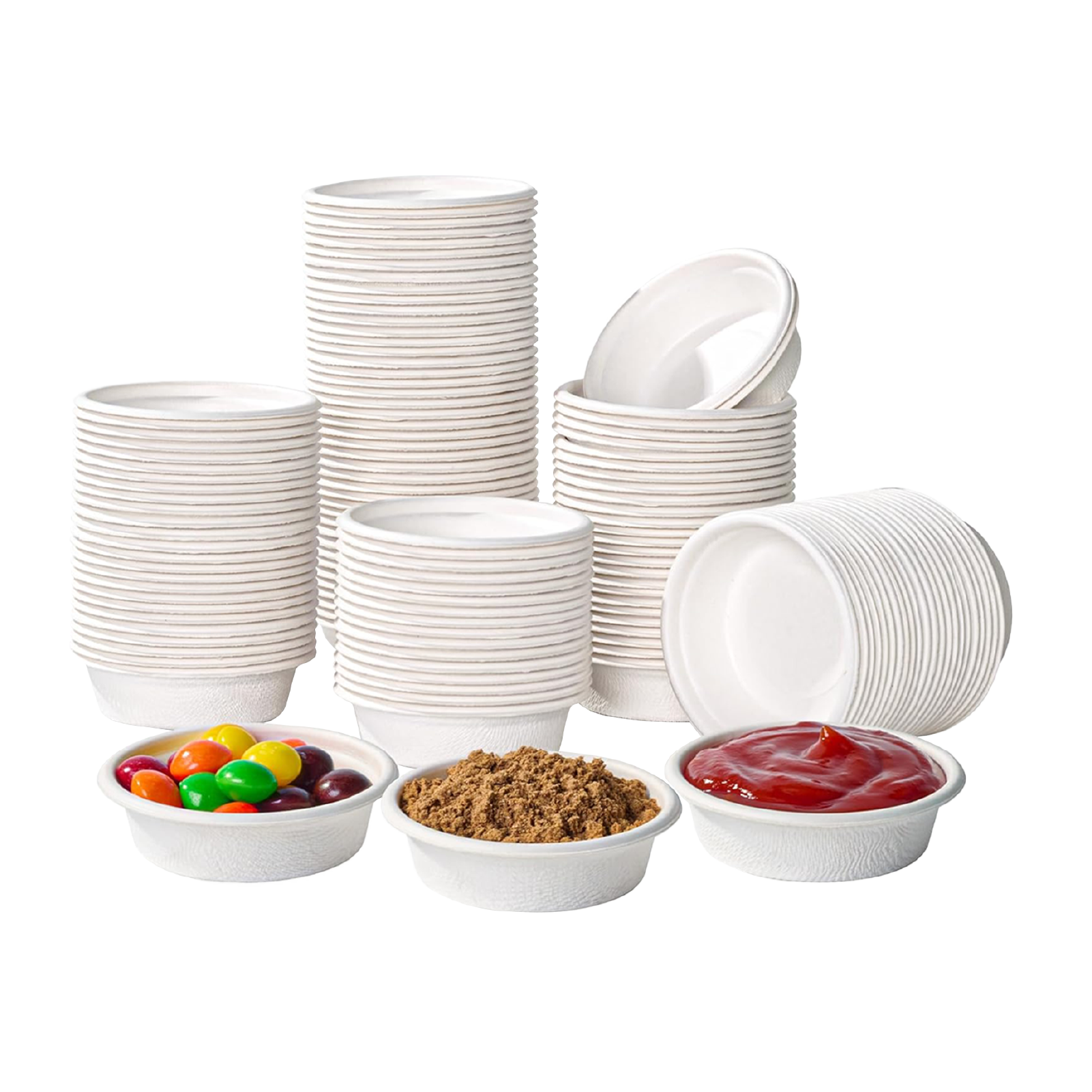 A stack of ECOLipak white paper bowls with colorful candies and ketchup in separate ECOLipak bowls 