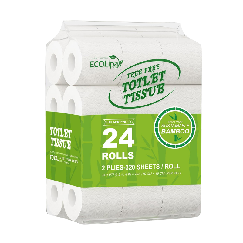 ECOLipak Eco-friendly toilet tissue pack containing 24 rolls made from sustainable bamboo, featuring 320 sheets per roll.