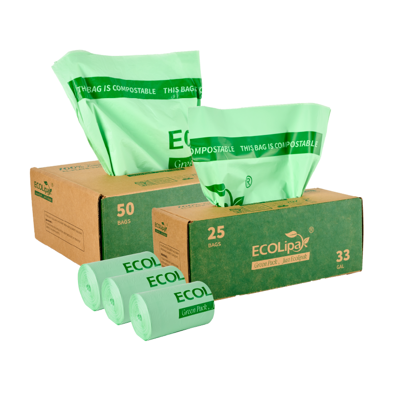Two boxes of ECOLipak compostable bags, one with 50 bags and another with 25, alongside three rolls of green trash bags.
