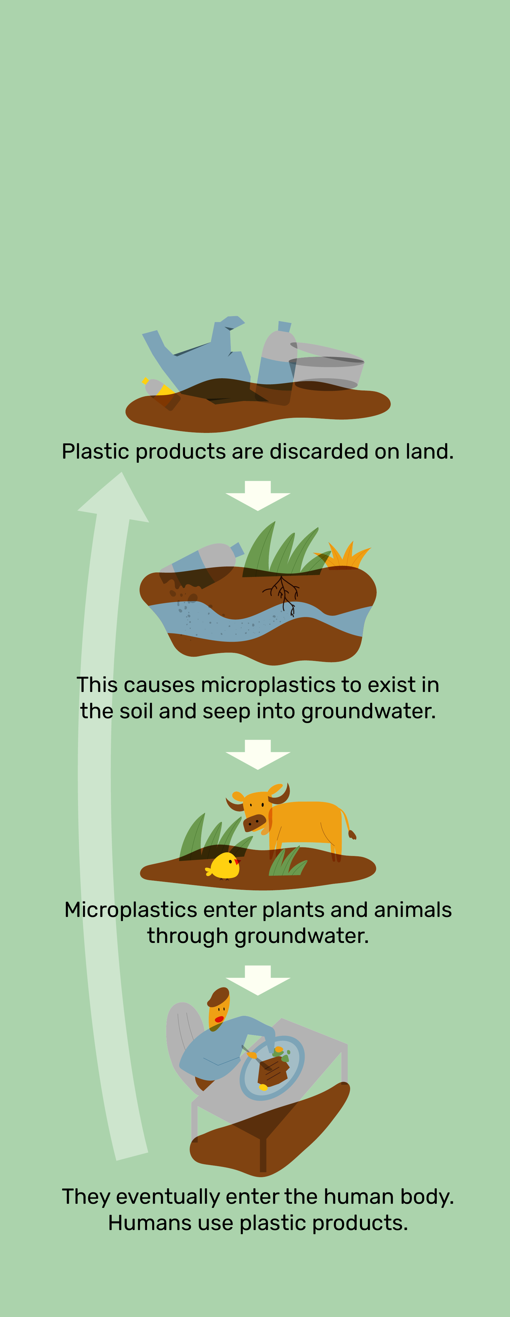 Illustration showing how plastic waste leads to microplastics in soil, groundwater, plants, animals, and eventually enters the human body.