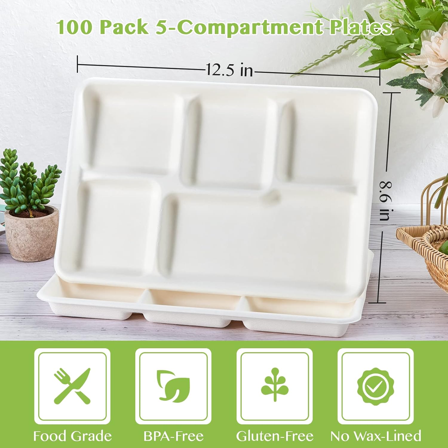 Five-compartment disposable plates in a stack, labeled as food grade, BPA-free, gluten-free, and no wax-lined, with dimensions displayed.