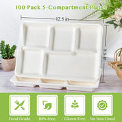 Five-compartment disposable plates in a stack, labeled as food grade, BPA-free, gluten-free, and no wax-lined, with dimensions displayed.