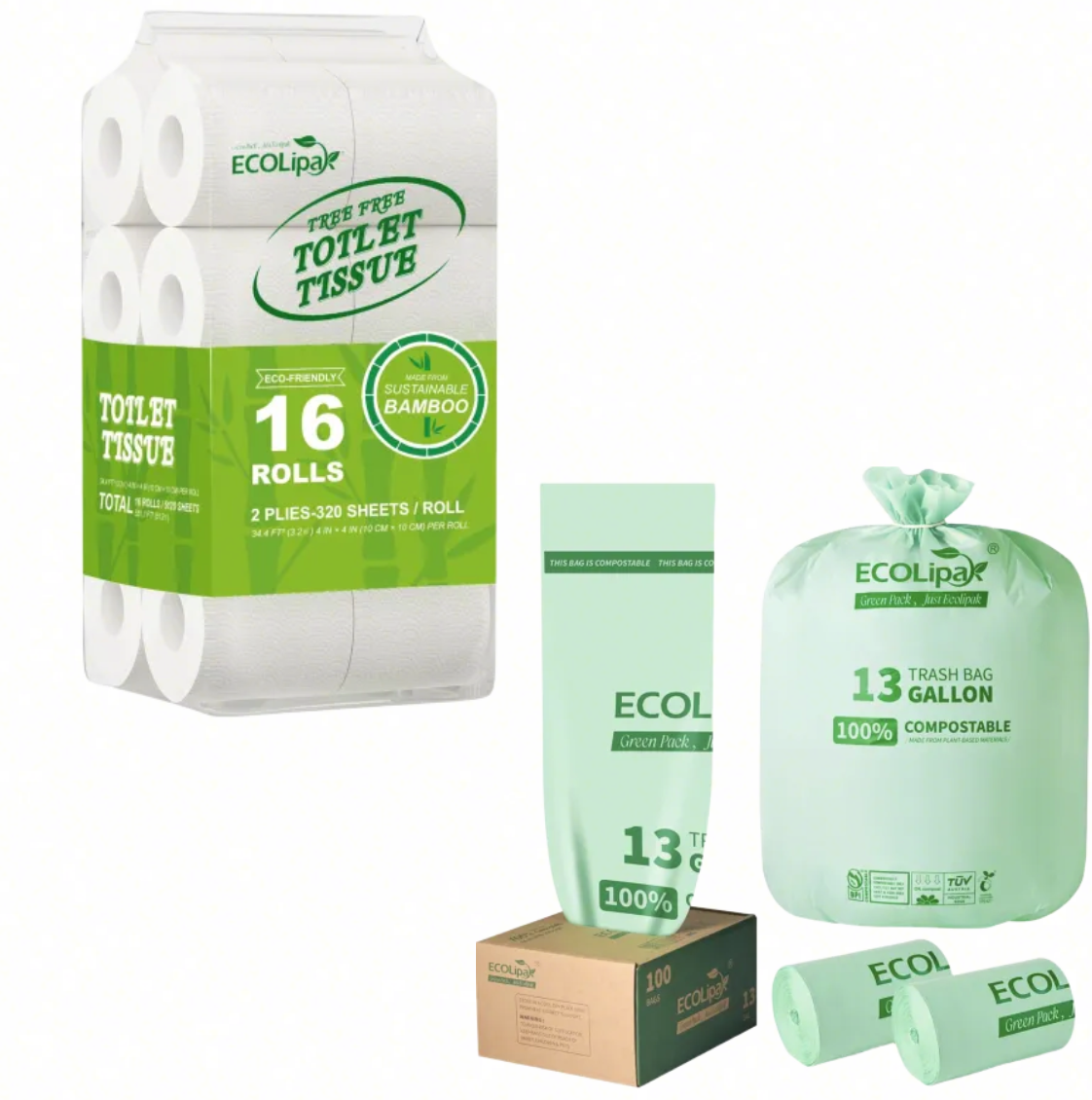 Compostable Bathroom & Waste Essentials Set | 2-ply Bamboo Toilet Paper & 13 Gallon Trash Bags