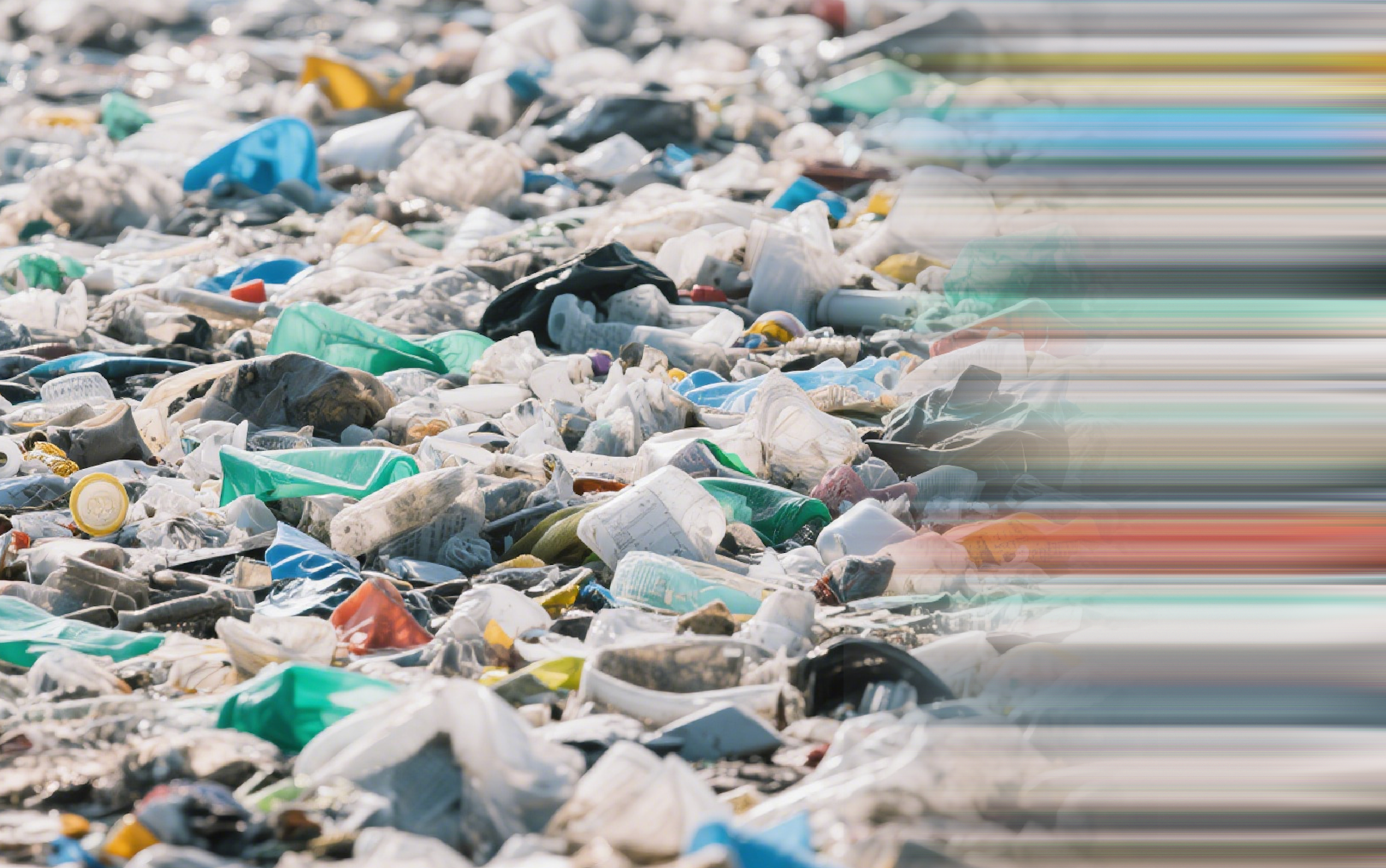A dense accumulation of plastic waste and discarded items scattered across a landscape, highlighting pollution and environmental degradation.