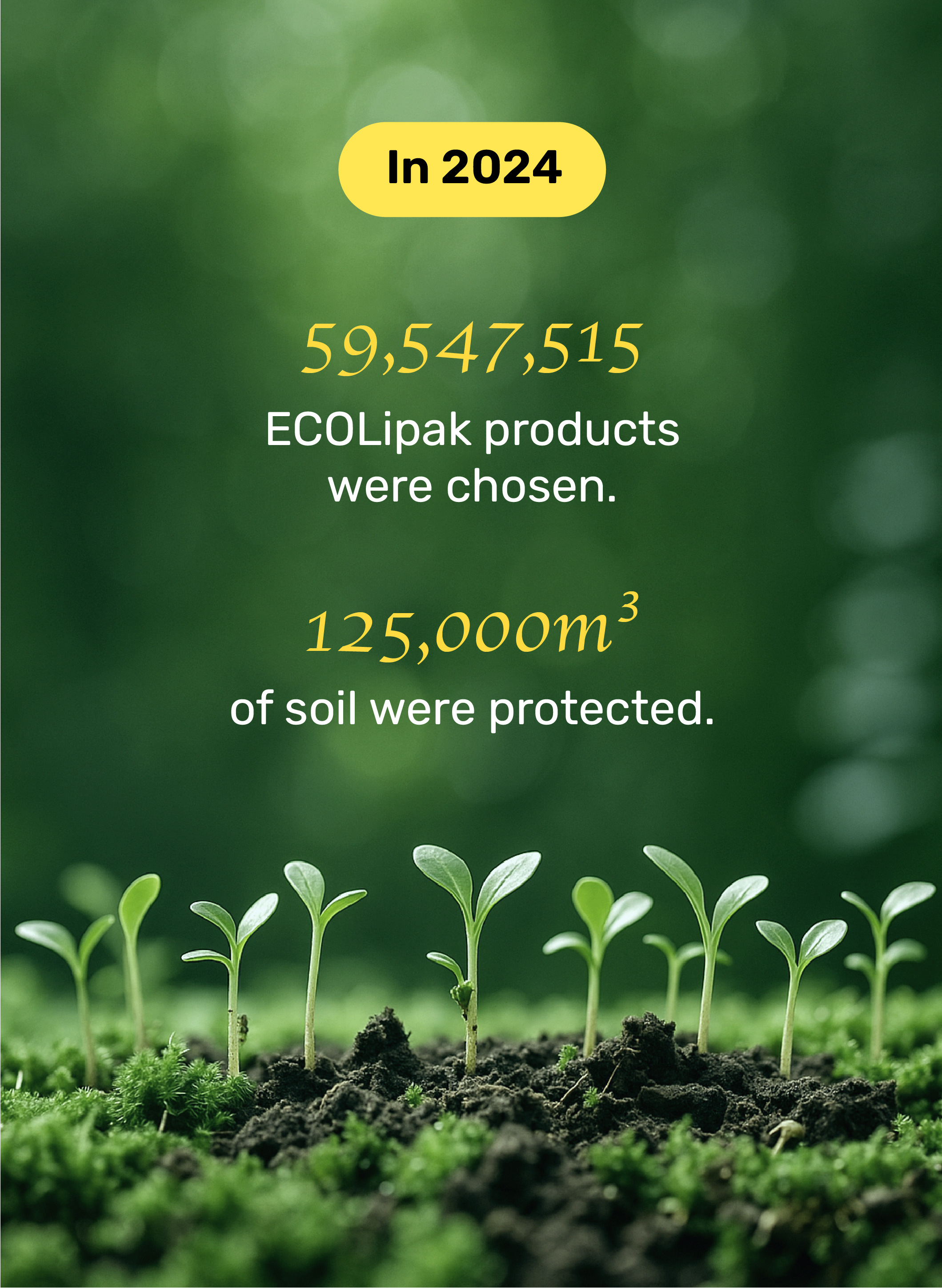 A digital infographic showcasing ECOLipak's 2024 environmental achievements. It highlights 59,547,515 ECOLipak products chosen and 125,000m³ of soil protected, with vibrant greenery and fresh seedlings symbolizing ecological growth and impact.