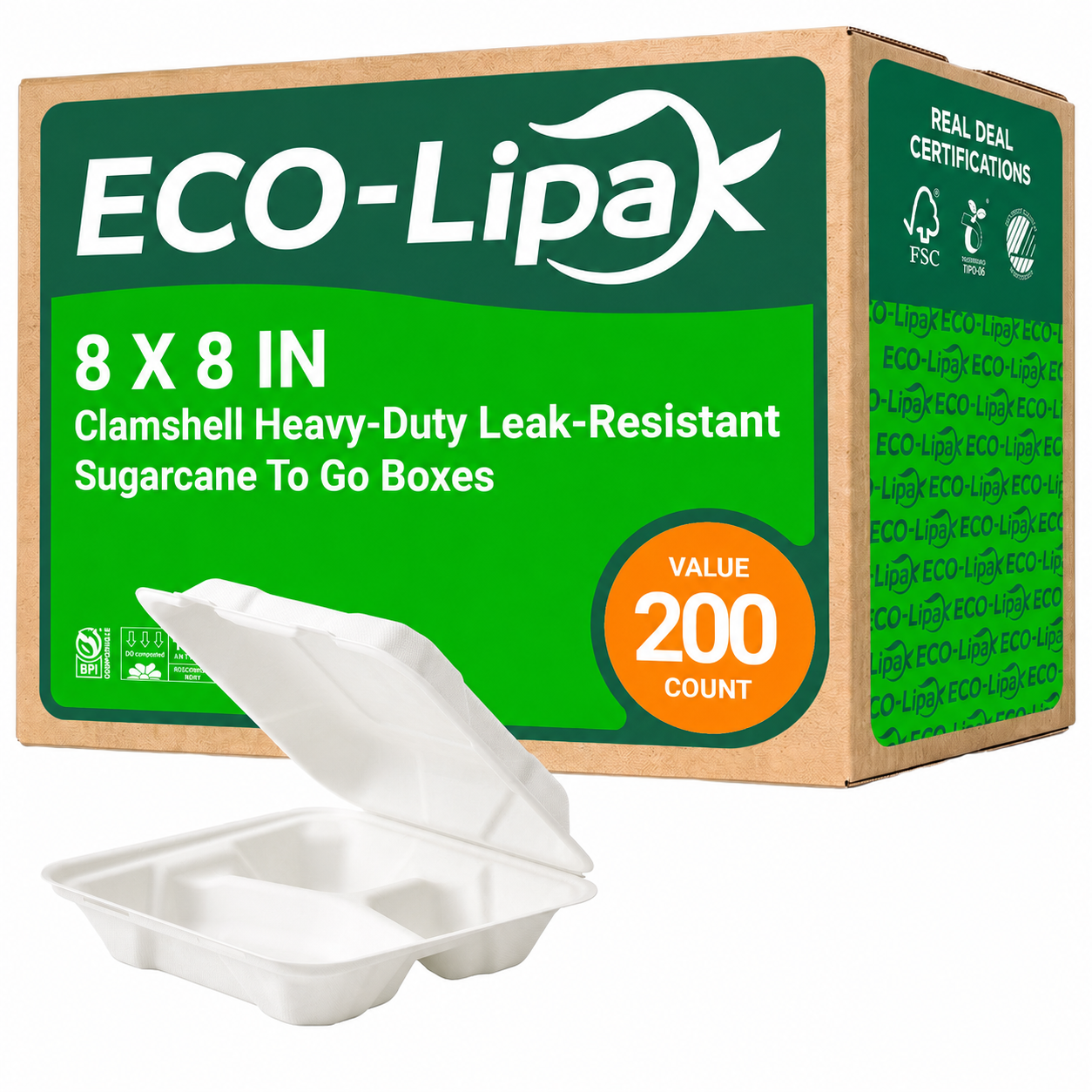 Wholesale 8 in × 8 in Sugarcane Compartment Clamshell To-Go Boxes – White & Natural