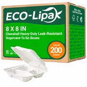 Wholesale 8 in × 8 in Sugarcane Compartment Clamshell To-Go Boxes – White & Natural